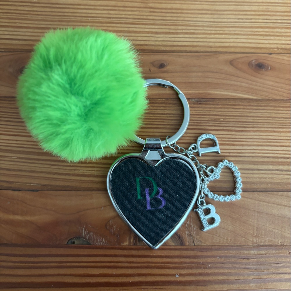 Green Fluffy Pom Pom Keychain Bag Charm with Heart and Charms